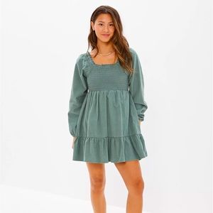 AE Long-Sleeve Smocked Courduroy Mini Dress